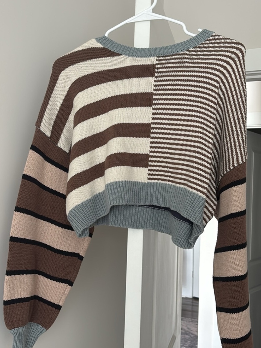 Altar'd State Brown, Cream & Gray Striped Cropped Sweater